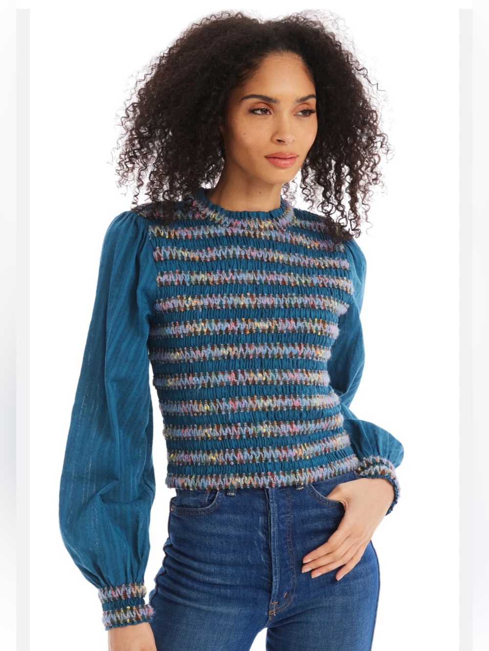 Allison New York teal blue long sleeve ruffle smocked Gayle trim top size SM